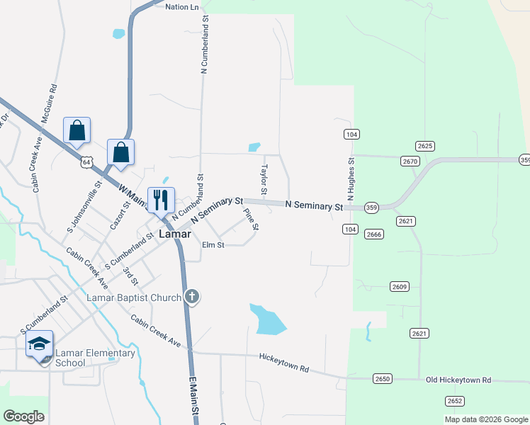 map of restaurants, bars, coffee shops, grocery stores, and more near 394 North Seminary Street in Lamar