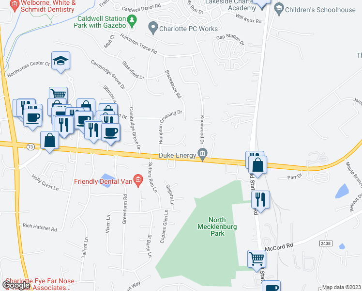 map of restaurants, bars, coffee shops, grocery stores, and more near 10402 Friarsgate Road in Huntersville