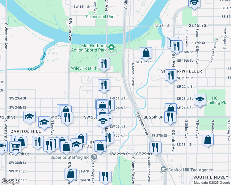 map of restaurants, bars, coffee shops, grocery stores, and more near 114 Southwest 22nd Street in Oklahoma City