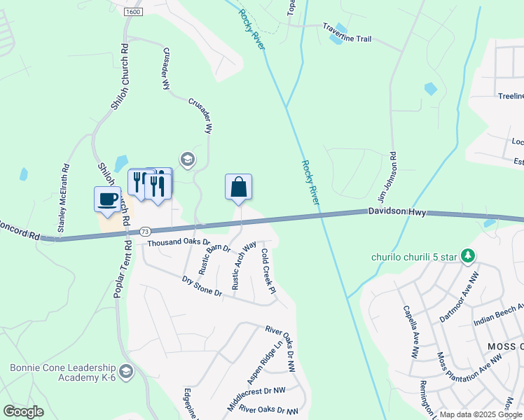 map of restaurants, bars, coffee shops, grocery stores, and more near 10600 North Carolina 73 in Huntersville