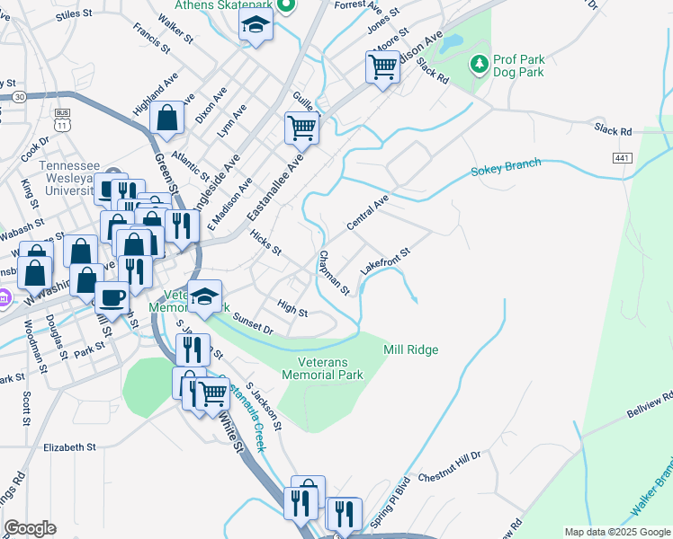 map of restaurants, bars, coffee shops, grocery stores, and more near 404 Hicks Street in Athens