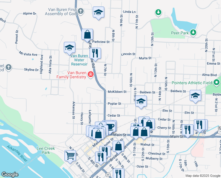map of restaurants, bars, coffee shops, grocery stores, and more near 511 North 8th Street in Van Buren