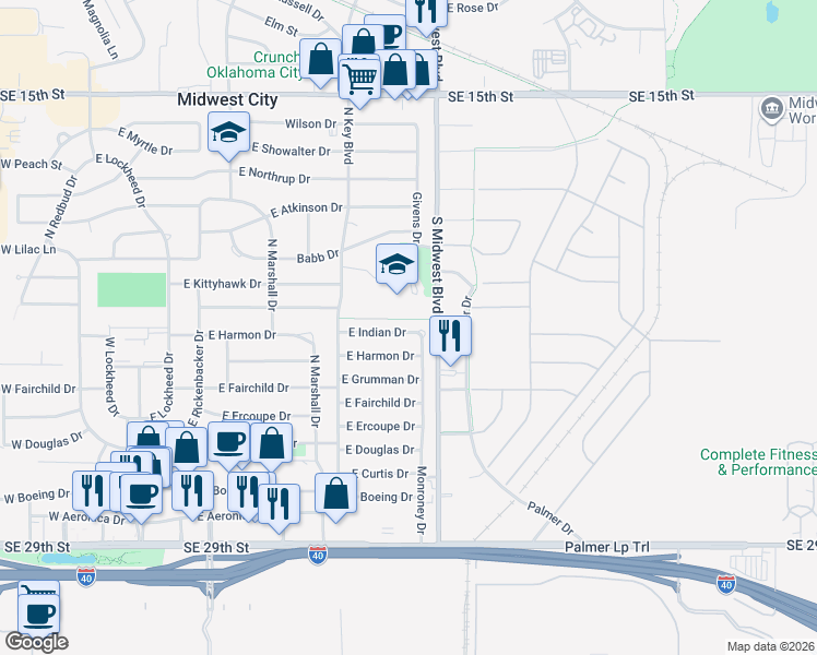 map of restaurants, bars, coffee shops, grocery stores, and more near 534 Monroney Drive in Midwest City