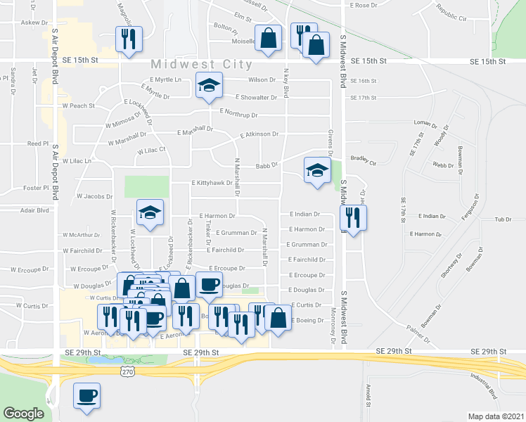 map of restaurants, bars, coffee shops, grocery stores, and more near 335 East Harmon Drive in Midwest City