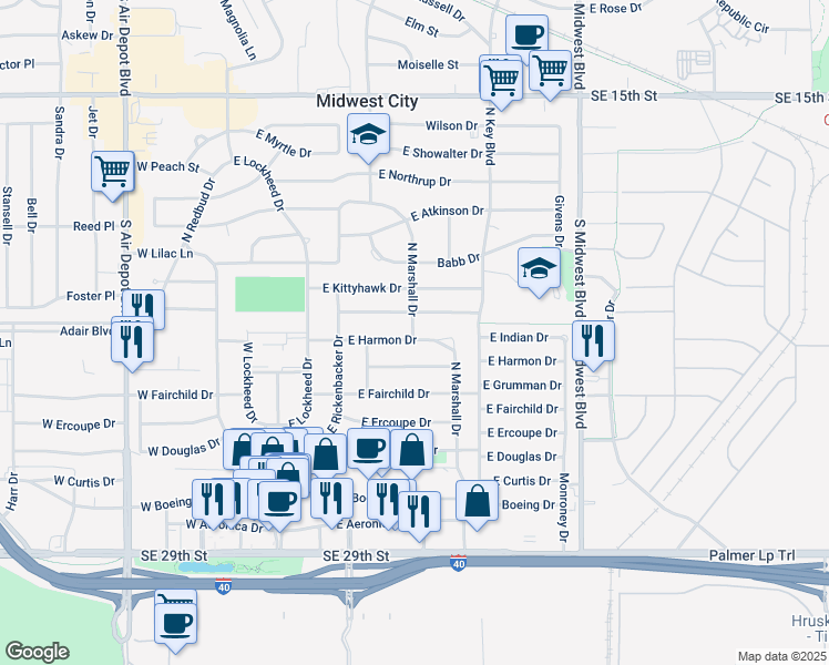 map of restaurants, bars, coffee shops, grocery stores, and more near 319 East Harmon Drive in Midwest City