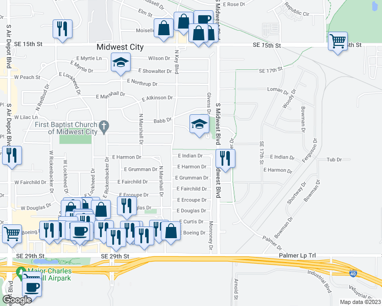 map of restaurants, bars, coffee shops, grocery stores, and more near 523 East Indian Drive in Midwest City