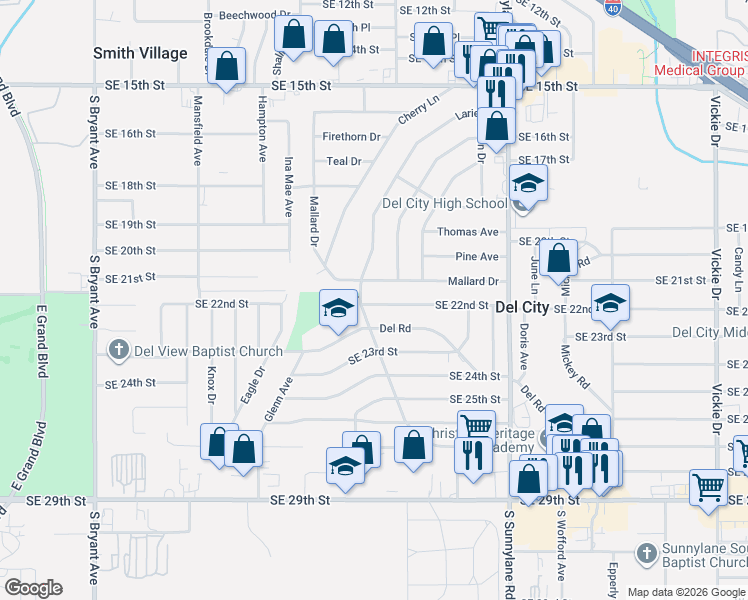 map of restaurants, bars, coffee shops, grocery stores, and more near 3900 Southeast 22nd Street in Del City