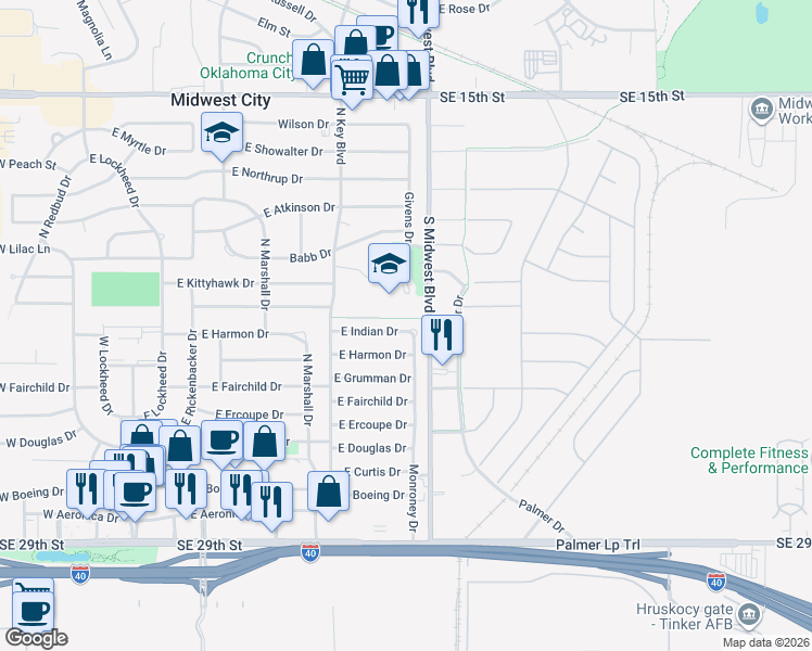 map of restaurants, bars, coffee shops, grocery stores, and more near 534 Monroney Drive in Midwest City