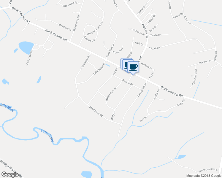map of restaurants, bars, coffee shops, grocery stores, and more near 109 Trappers Run Drive in Goldsboro