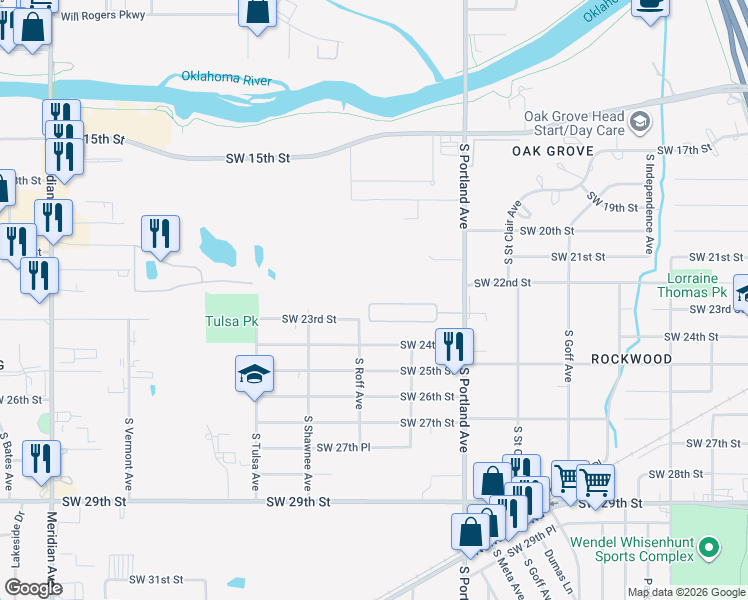 map of restaurants, bars, coffee shops, grocery stores, and more near 3746-3898 SW 23rd St in Oklahoma City