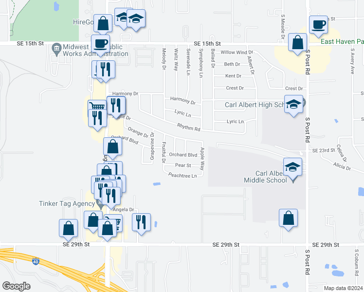 map of restaurants, bars, coffee shops, grocery stores, and more near 2333 Serenade Drive in Midwest City