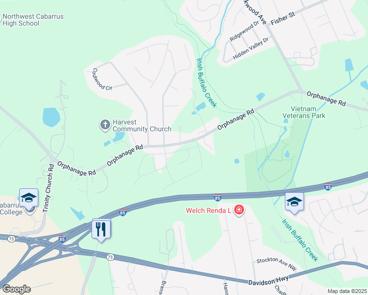 map of restaurants, bars, coffee shops, grocery stores, and more near 4142 Orphanage Road in Concord