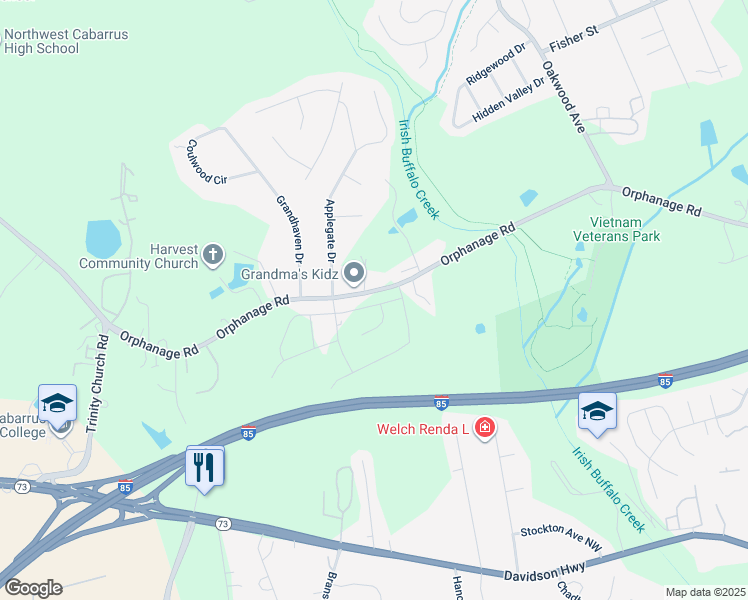 map of restaurants, bars, coffee shops, grocery stores, and more near 4142 Orphanage Road in Concord