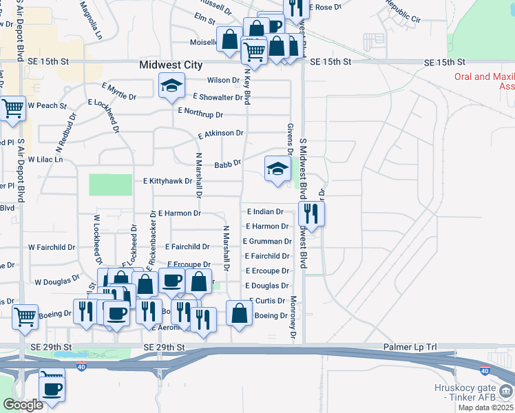 map of restaurants, bars, coffee shops, grocery stores, and more near 502 East Indian Drive in Midwest City