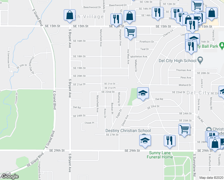 map of restaurants, bars, coffee shops, grocery stores, and more near 2301 Becker Place in Del City