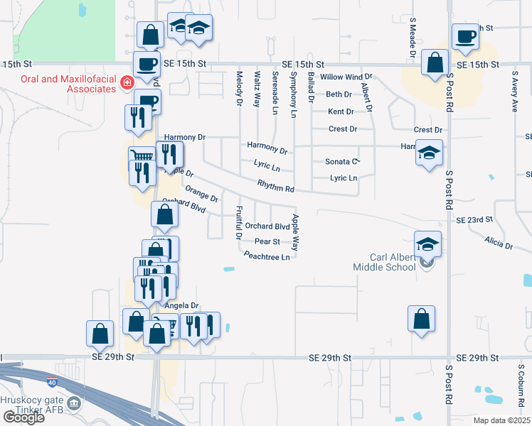 map of restaurants, bars, coffee shops, grocery stores, and more near 2333 Serenade Drive in Oklahoma City