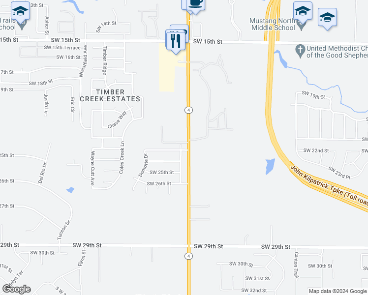 map of restaurants, bars, coffee shops, grocery stores, and more near 2416 Canyon Creek Drive in Yukon
