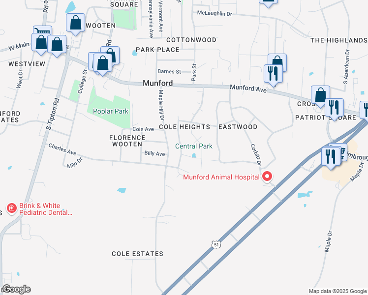 map of restaurants, bars, coffee shops, grocery stores, and more near 160 Colonial Drive in Munford