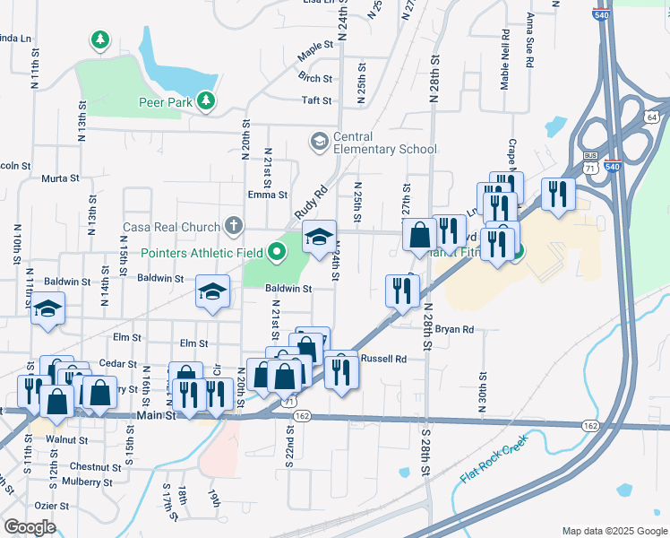map of restaurants, bars, coffee shops, grocery stores, and more near 501 North 24th Street in Van Buren