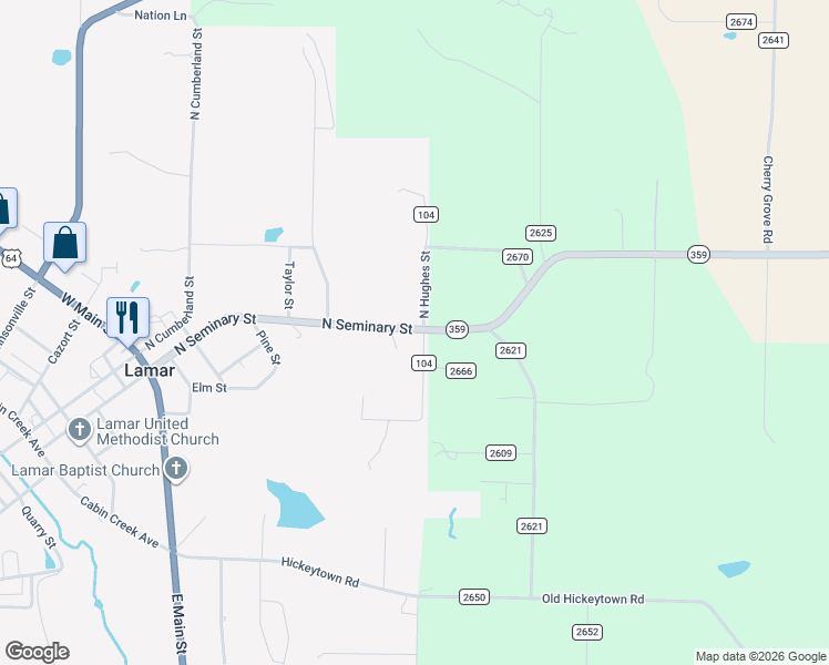 map of restaurants, bars, coffee shops, grocery stores, and more near 546 North Seminary Street in Lamar