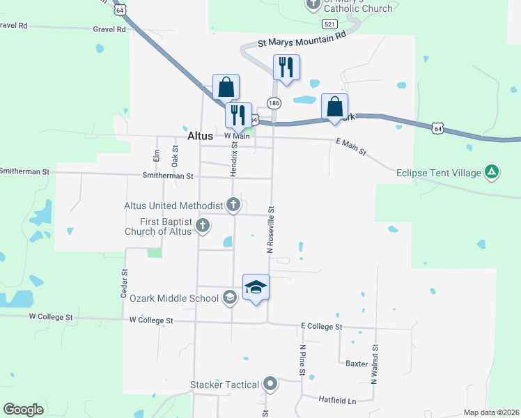 map of restaurants, bars, coffee shops, grocery stores, and more near 26 Miller Street in Altus