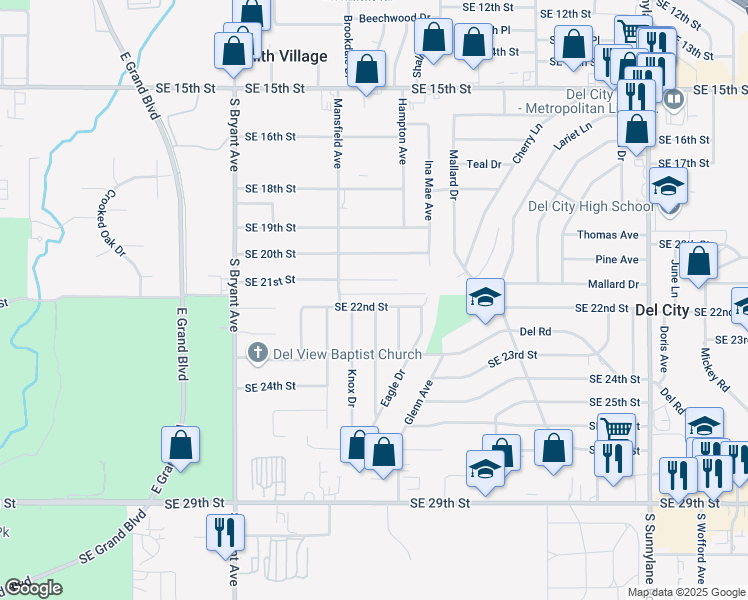 map of restaurants, bars, coffee shops, grocery stores, and more near 2301 Becker Place in Del City