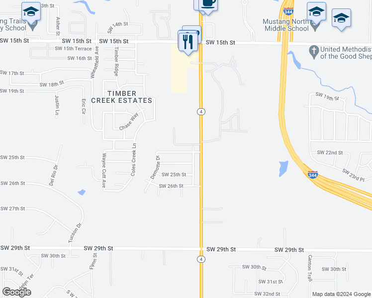 map of restaurants, bars, coffee shops, grocery stores, and more near 11417 Southwest 24th Street in Yukon
