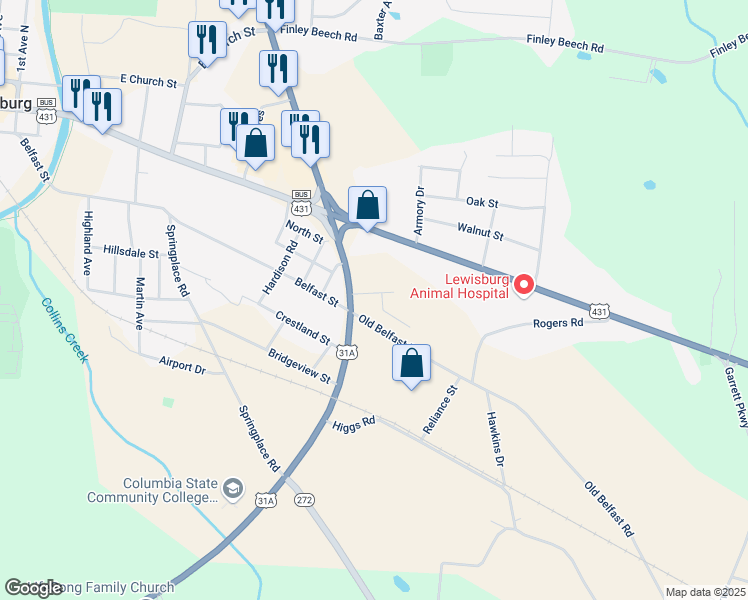 map of restaurants, bars, coffee shops, grocery stores, and more near 341 South Ellington Parkway in Lewisburg