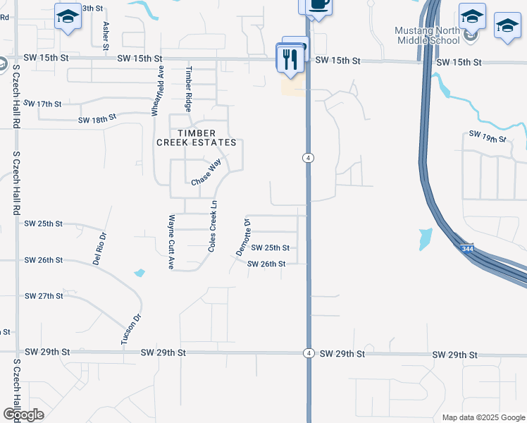 map of restaurants, bars, coffee shops, grocery stores, and more near 11512 Southwest 24th Street in Yukon