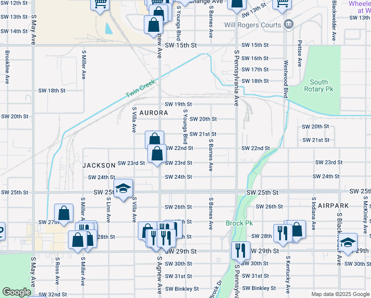 map of restaurants, bars, coffee shops, grocery stores, and more near 2305 South Youngs Boulevard in Oklahoma City