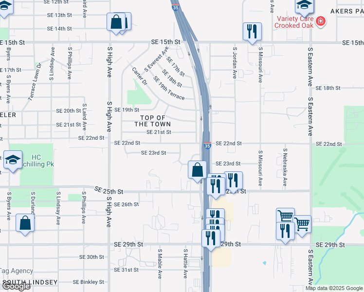 map of restaurants, bars, coffee shops, grocery stores, and more near 2312 South Kate Avenue in Oklahoma City