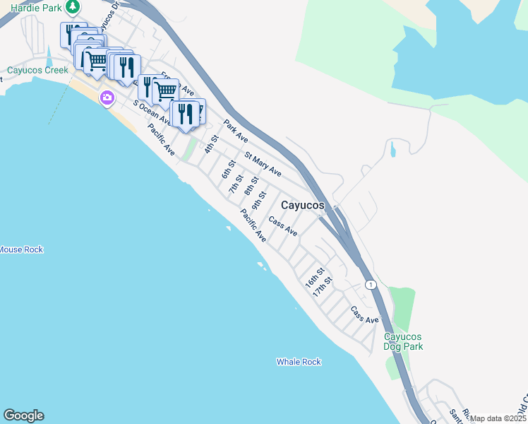 map of restaurants, bars, coffee shops, grocery stores, and more near 1096 Cass Avenue in Cayucos