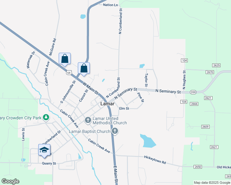 map of restaurants, bars, coffee shops, grocery stores, and more near 199 North Seminary Street in Lamar
