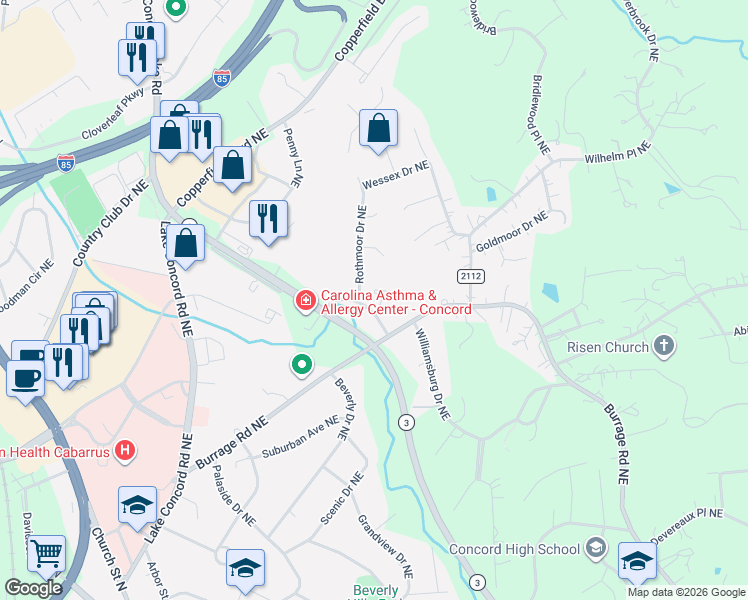 map of restaurants, bars, coffee shops, grocery stores, and more near 855 Bradley Street Northeast in Concord