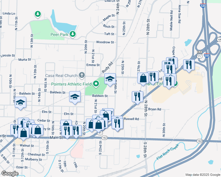 map of restaurants, bars, coffee shops, grocery stores, and more near 501 North 24th Street in Van Buren