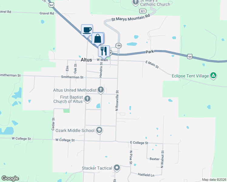 map of restaurants, bars, coffee shops, grocery stores, and more near 26 Miller Street in Altus