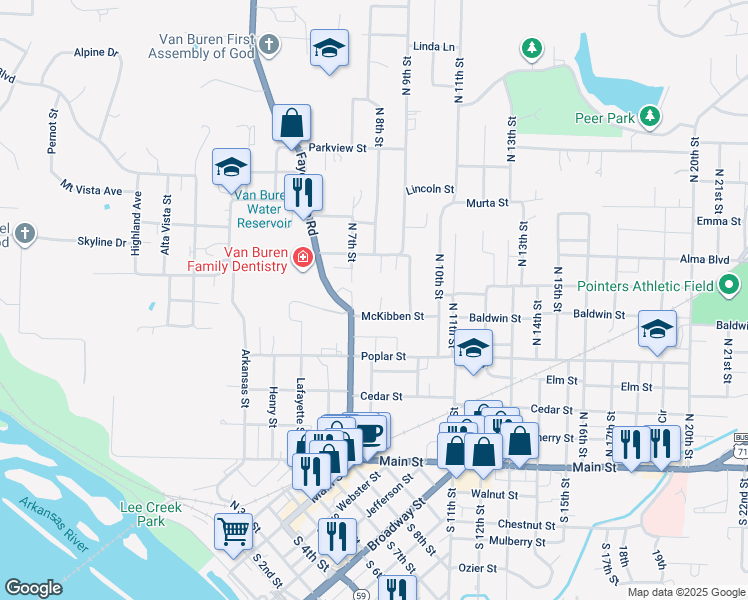 map of restaurants, bars, coffee shops, grocery stores, and more near 511 North 8th Street in Van Buren