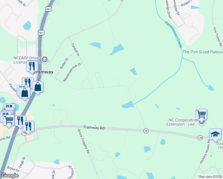 map of restaurants, bars, coffee shops, grocery stores, and more near 2704 Tramway Road in Sanford