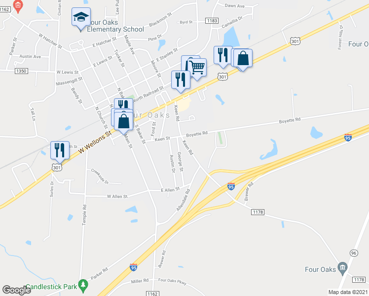 map of restaurants, bars, coffee shops, grocery stores, and more near 204 Keen Road in Four Oaks