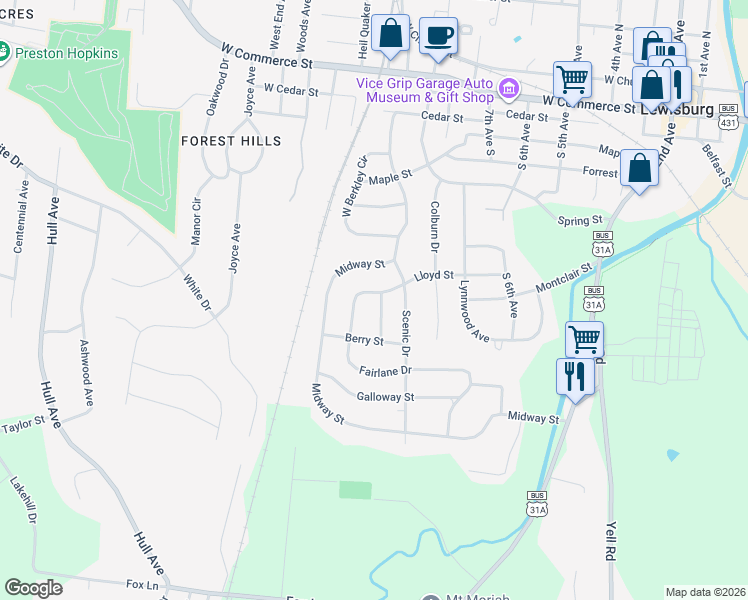 map of restaurants, bars, coffee shops, grocery stores, and more near 616 Woodcrest Street in Lewisburg