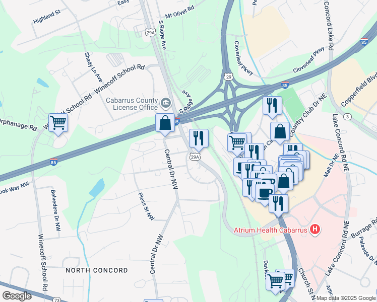 map of restaurants, bars, coffee shops, grocery stores, and more near 2 Willowbrook Drive Northwest in Concord