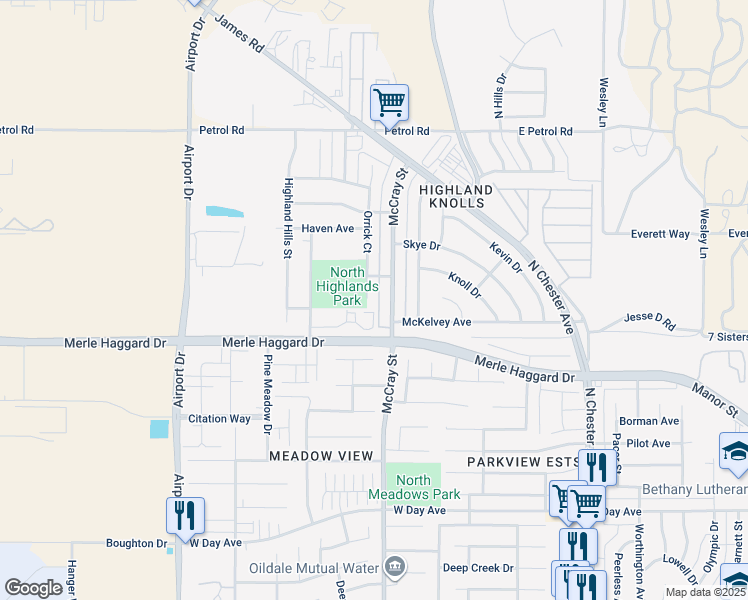 map of restaurants, bars, coffee shops, grocery stores, and more near 4000 Rio Del Norte Street in Bakersfield