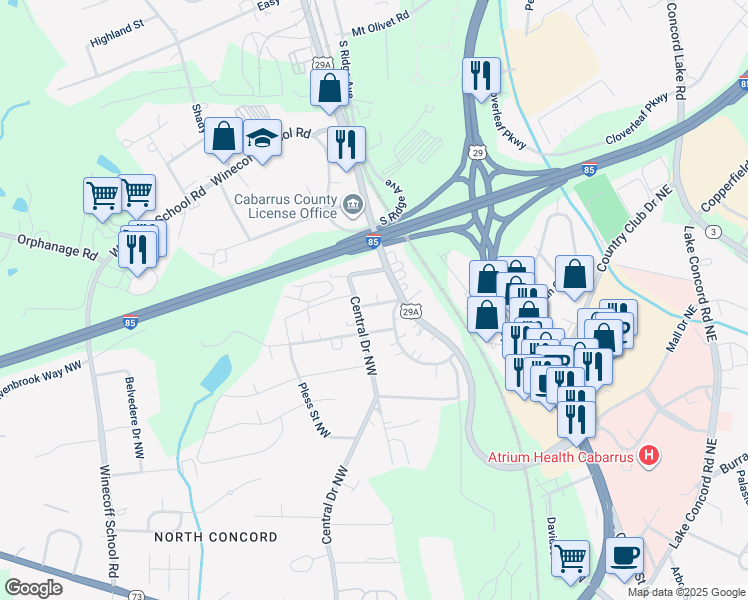 map of restaurants, bars, coffee shops, grocery stores, and more near 11 Maple Avenue Northwest in Concord