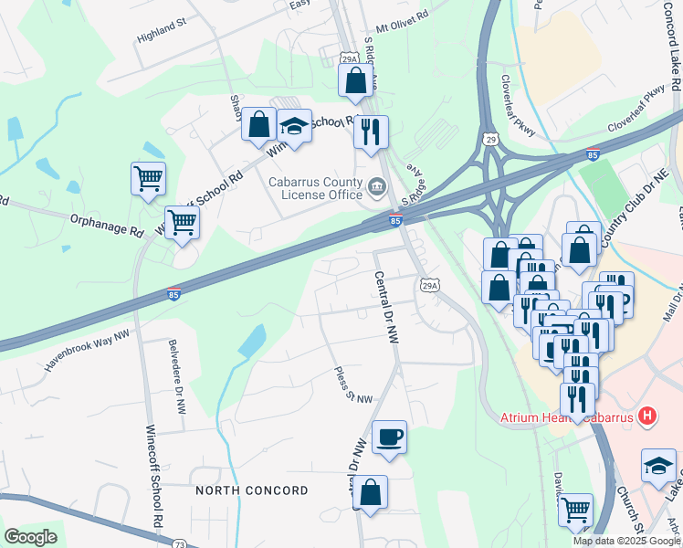 map of restaurants, bars, coffee shops, grocery stores, and more near 175 Emery Avenue Northwest in Concord
