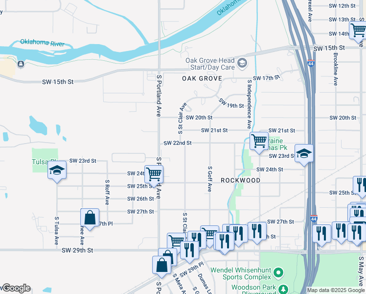map of restaurants, bars, coffee shops, grocery stores, and more near 2324 South Saint Clair Avenue in Oklahoma City