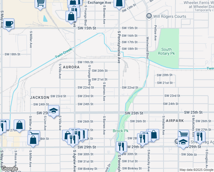 map of restaurants, bars, coffee shops, grocery stores, and more near 2137 Southwest 22nd Street in Oklahoma City