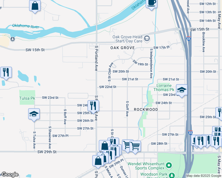 map of restaurants, bars, coffee shops, grocery stores, and more near 2324 South Saint Clair Avenue in Oklahoma City