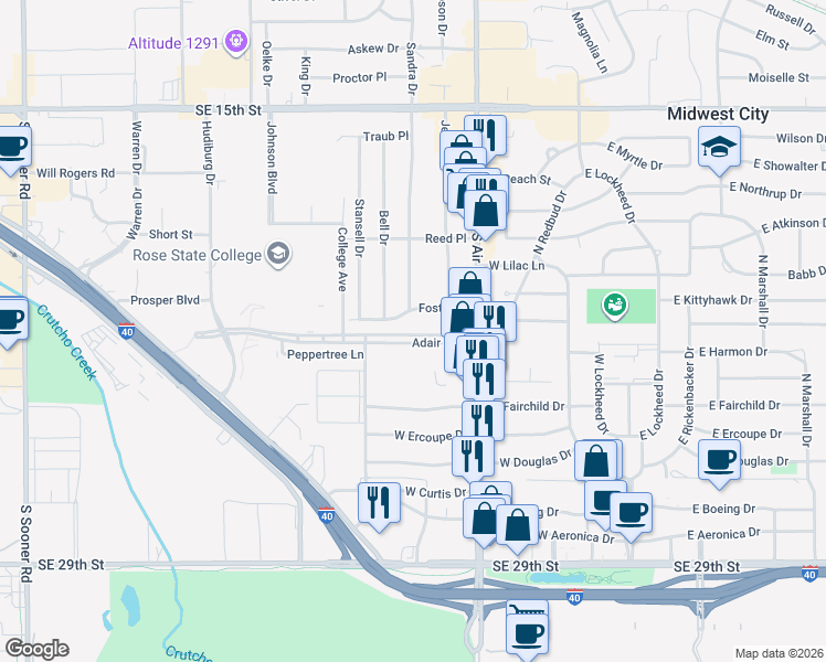 map of restaurants, bars, coffee shops, grocery stores, and more near 600 Adair Boulevard in Midwest City