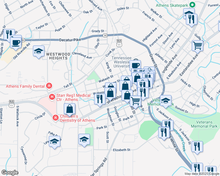 map of restaurants, bars, coffee shops, grocery stores, and more near 409 West Hornsby Street in Athens