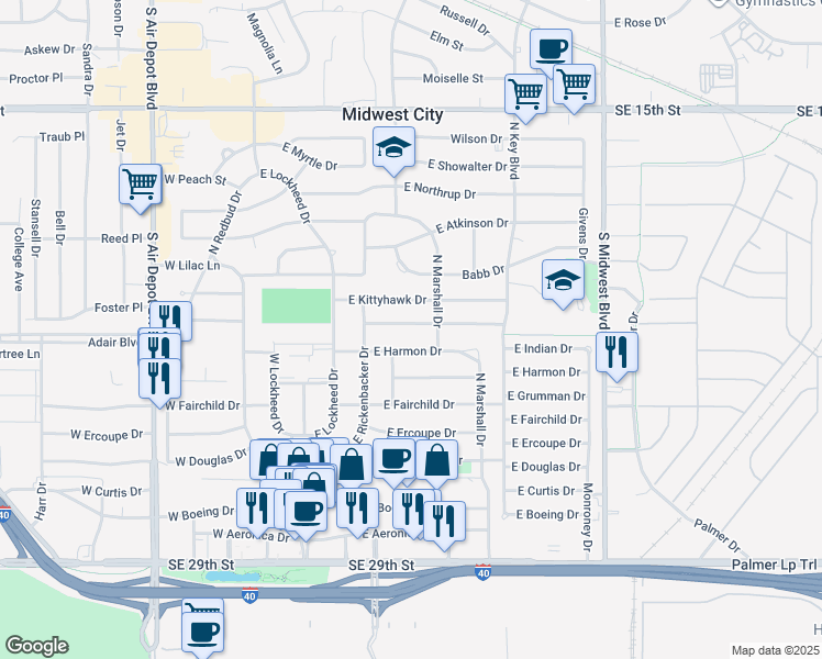 map of restaurants, bars, coffee shops, grocery stores, and more near 301 East Harmon Drive in Midwest City